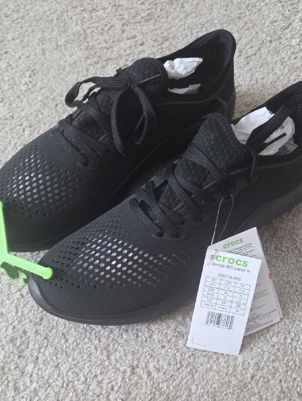 Men's CROCS Black Knit Lace-Up LiteRide 360 Pacer Sneakers, Sz 13